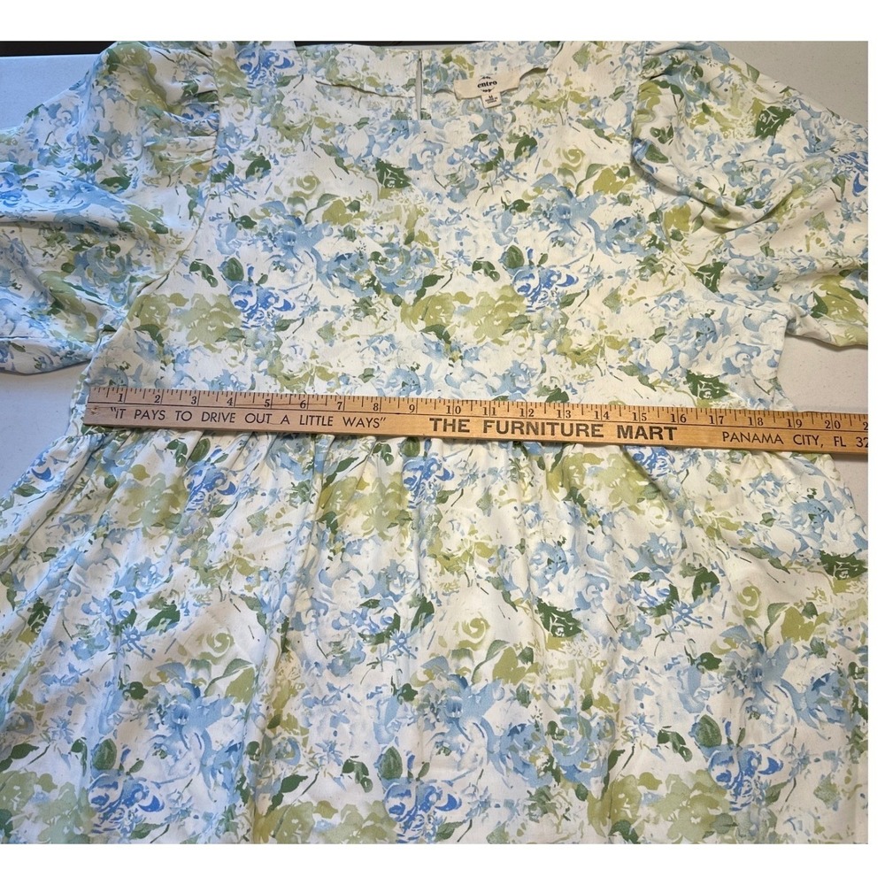 Entro Floral Babydoll Top Blue Green Watercolor Smocked Cuff Blouse T20069 M - Picture 6 of 8